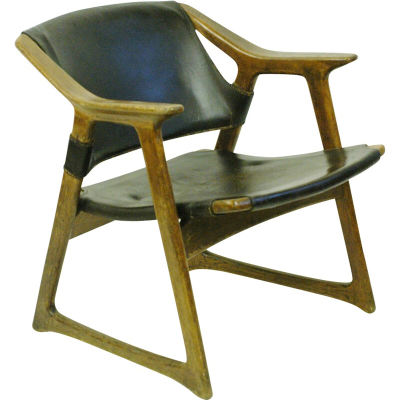 Scandinavian oak and leather lounge chair by Rastad - 1960s