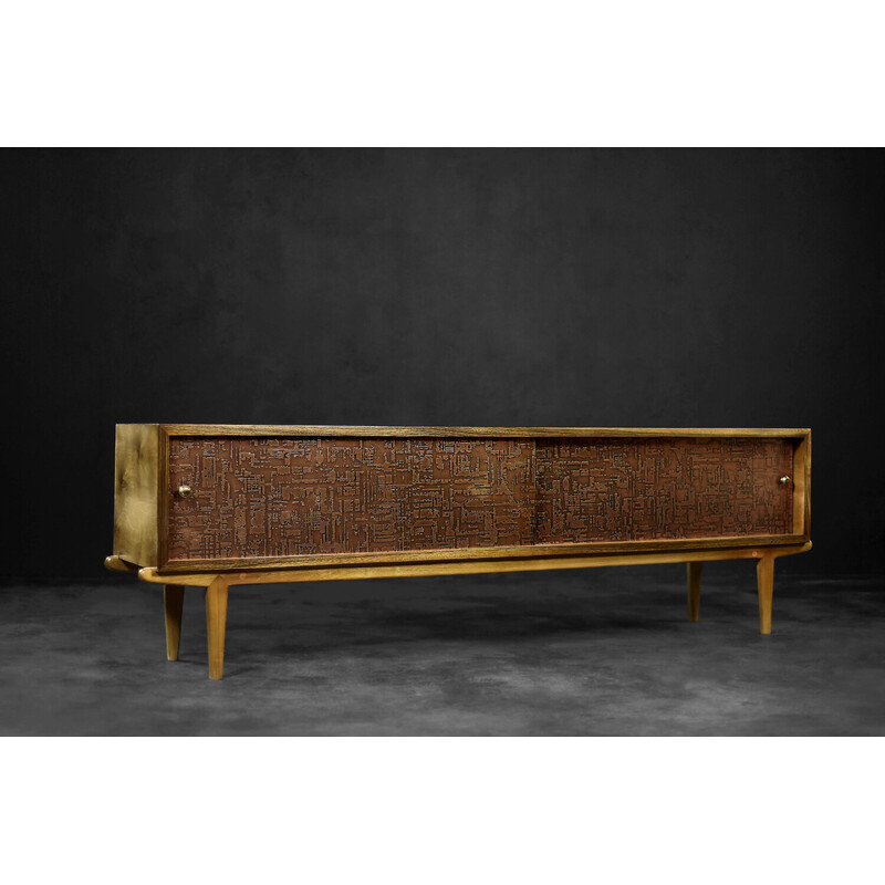 Vintage birch wood sideboard with copper relief, 1960