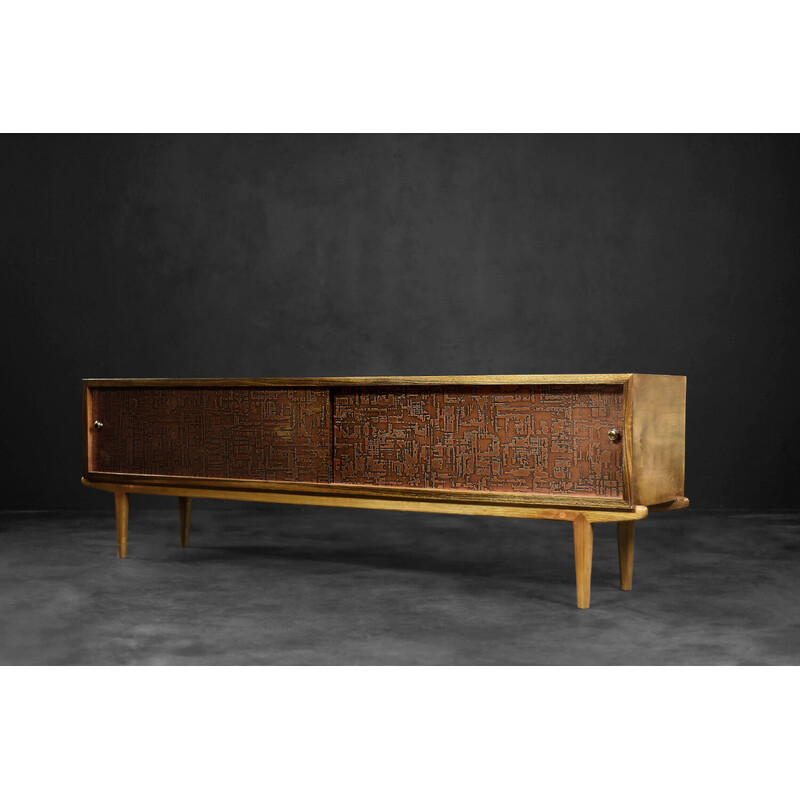 Vintage birch wood sideboard with copper relief, 1960