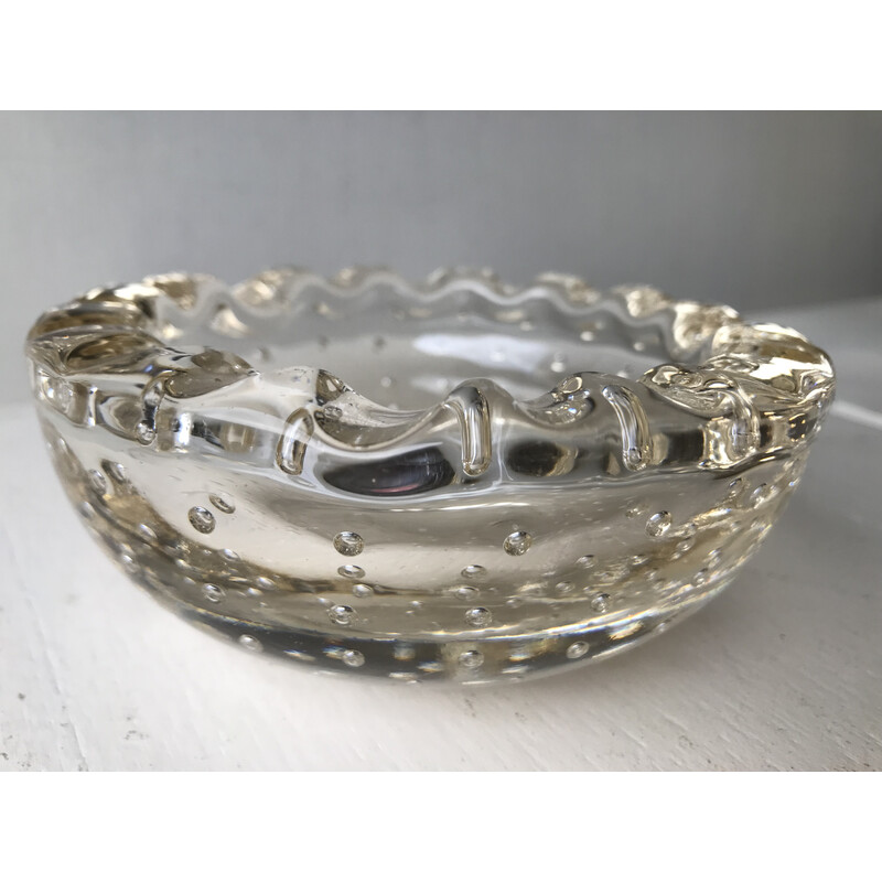 Vintage Art Deco ashtray in transparent bubble crystal for Daum, France 1930