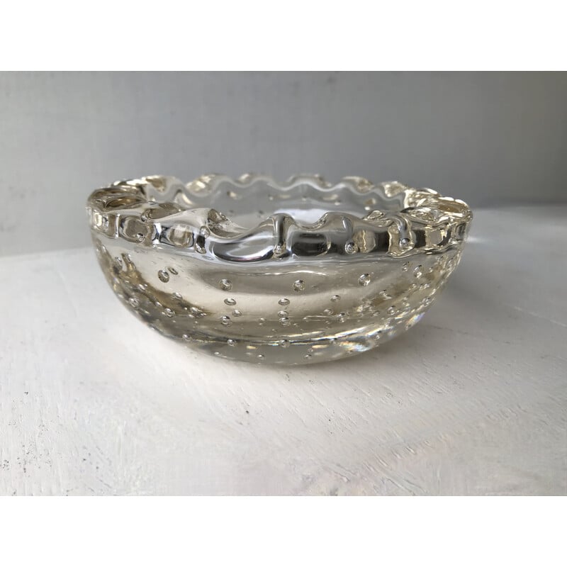 Vintage Art Deco ashtray in transparent bubble crystal for Daum, France 1930