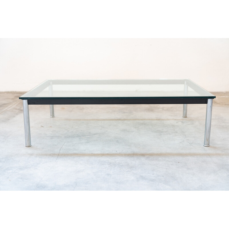 Vintage LC10 coffee table in chrome steel and tempered glass by Le Corbusier and Pierre Janneret for Cassina, Italy 1970