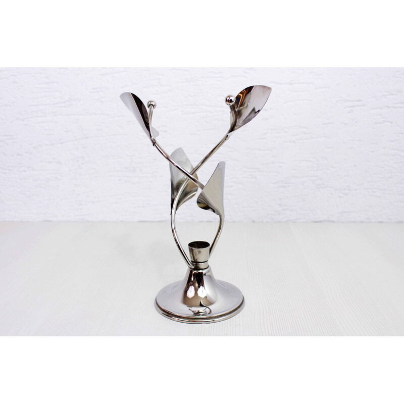 Vintage floral candlestick in chromed metal, 1980