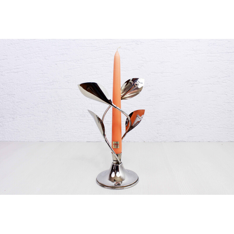 Vintage floral candlestick in chromed metal, 1980