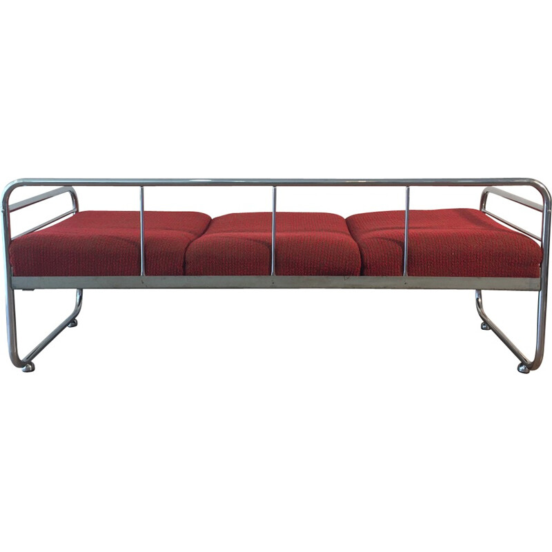 Red tubular sofa in chromium and fabric by Robert Slezak - 1930s