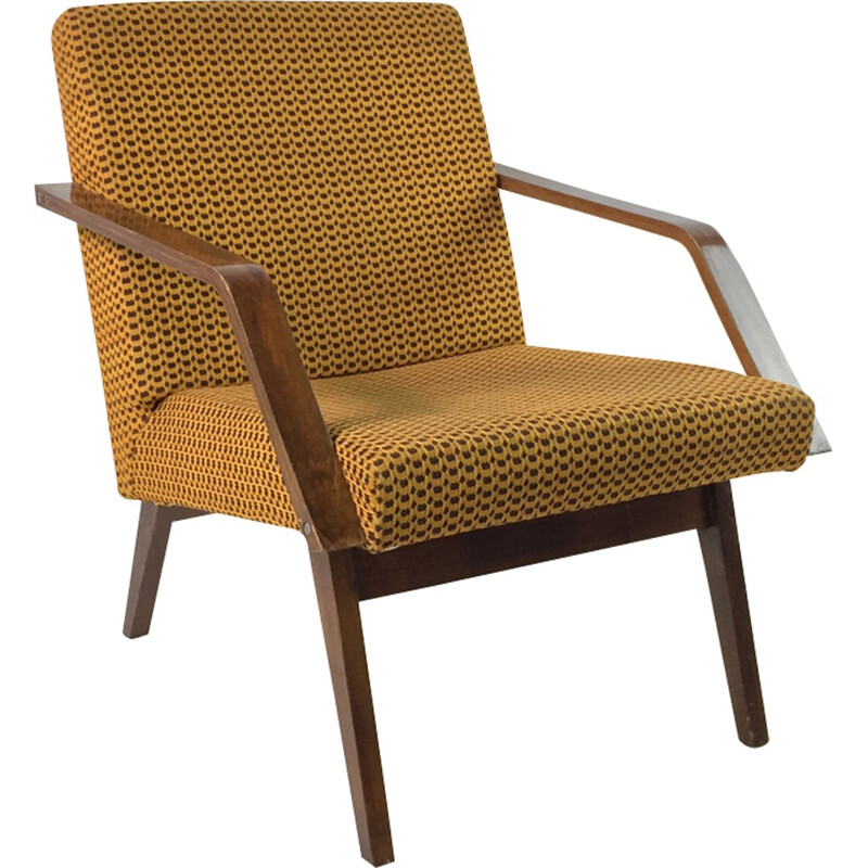 Saffraankleurige fauteuil in hout en stof - 1960