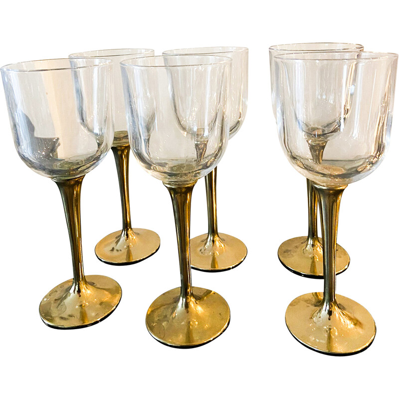 Set of 12 vintage Murano glass and brass boat glasses, Italy 1980