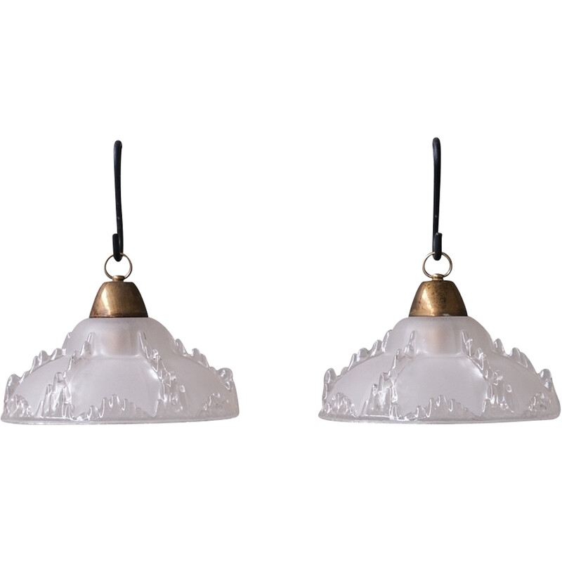Pair of vintage “Ice” glass pendant lamp, France 1970