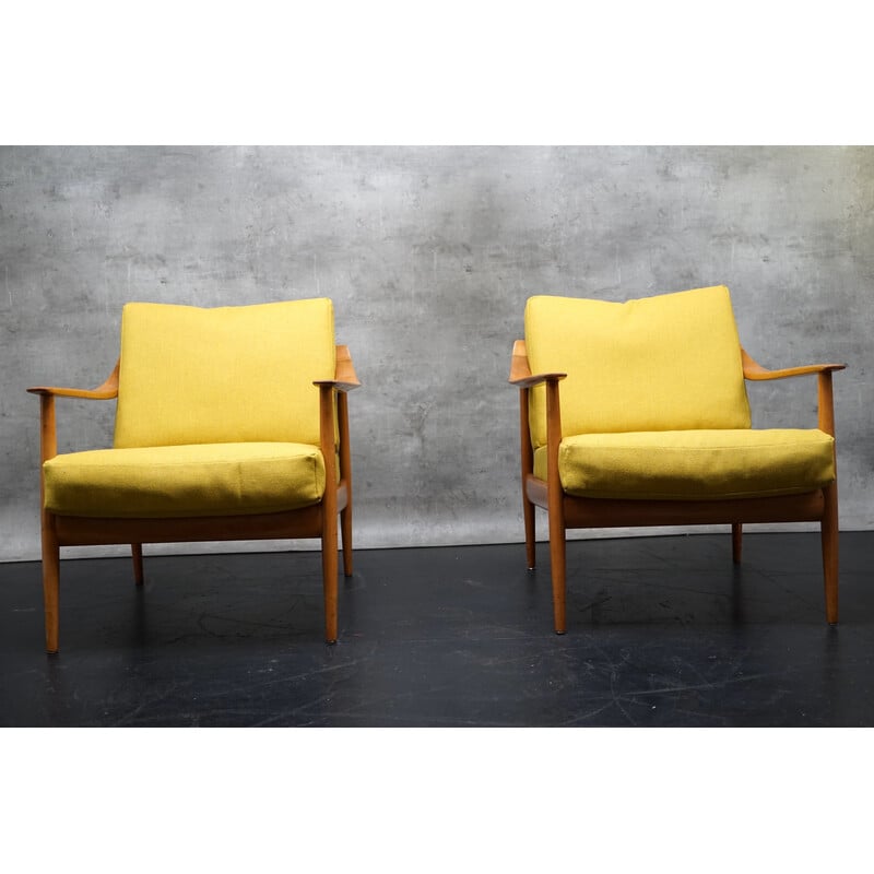 Pair of vintage armchairs in yellow fabric by Walter Knoll, Germany 1960