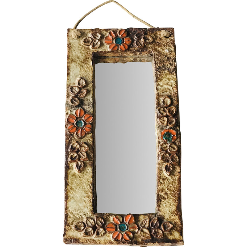 Vintage enameled ceramic mirror with flower decoration for La Roue à Vallauris