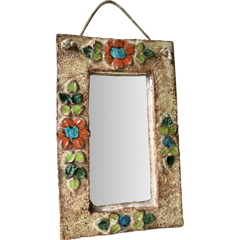 Specchio d'epoca in ceramica smaltata con disegno floreale per La Roue Vallauris