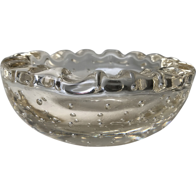 Vintage Art Deco ashtray in transparent bubble crystal for Daum, France 1930