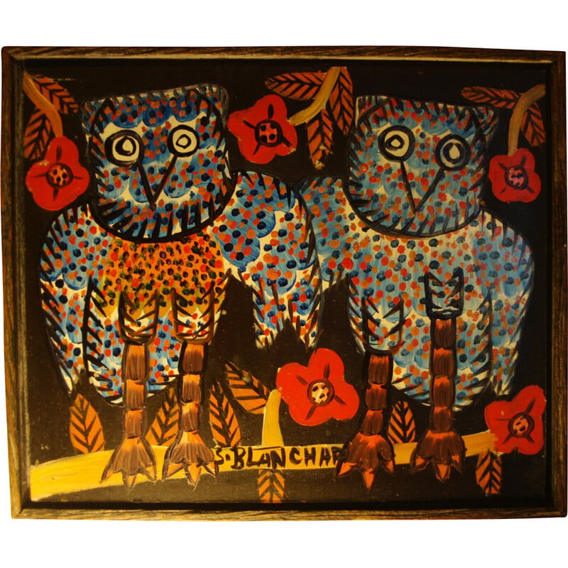 Vintage painting representing 2 owls by Sisson Blanchard