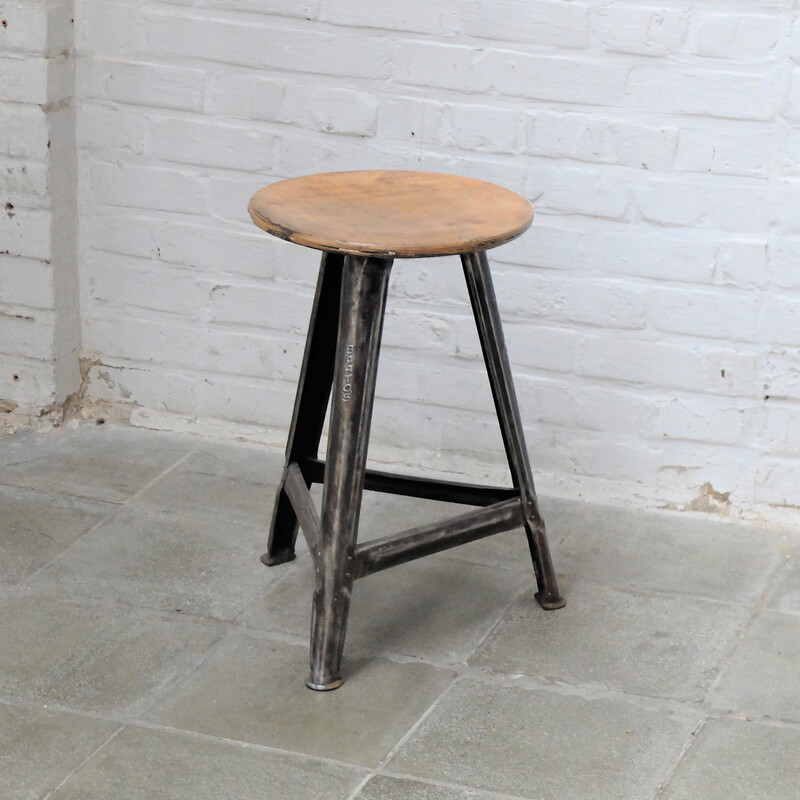 Vintage Bauhaus workshop stool in wood and iron for Bartos, Hungary 1930