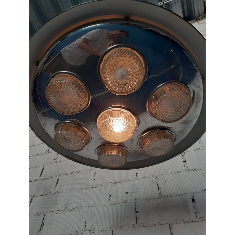 Vintage "flying saucer" pendant lamp in iron and glass, 1960
