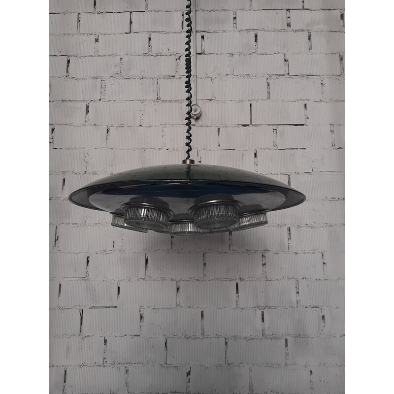 Vintage "flying saucer" pendant lamp in iron and glass, 1960