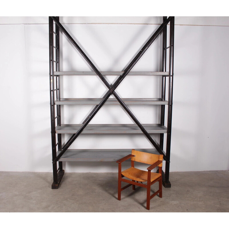 Tubesca vintage industrial scaffolding shelf in black lacquered steel and wood, 1950