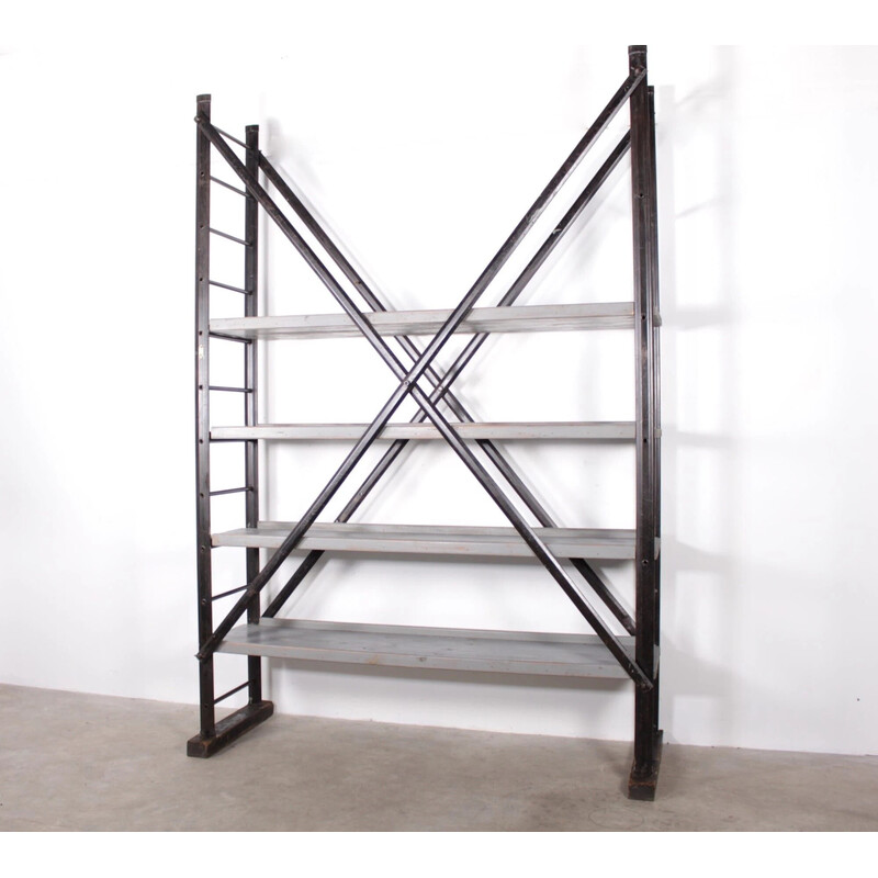 Tubesca vintage industrial scaffolding shelf in black lacquered steel and wood, 1950