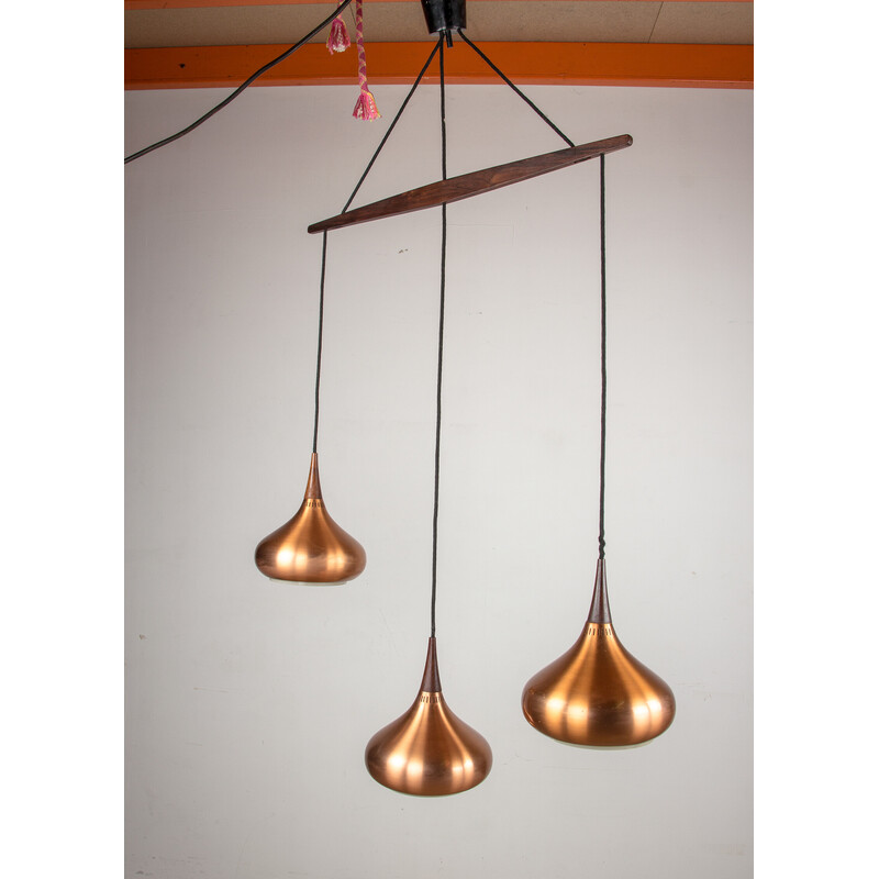 Vintage "Orient" suspension lamp in metal and rosewood with 3 bulbs by Jo Hammerborg for Fog and Mørup, Denmark 1965