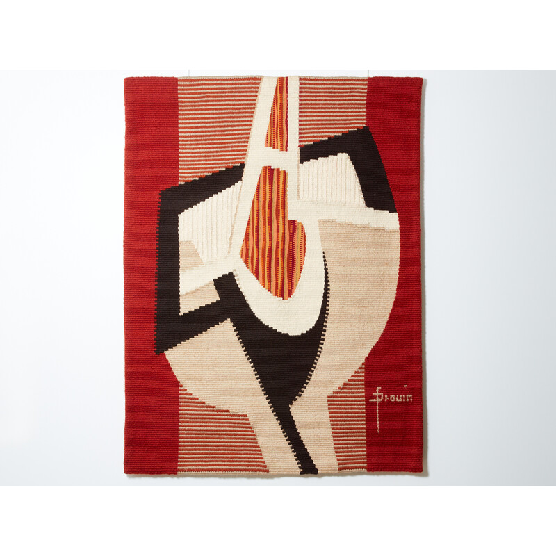 Vintage "Ombre rouge" wool and linen rug by Daniel Drouin, 1970