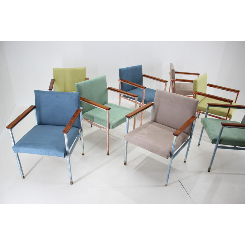Set of 8 vintage armchairs in iron and wood, Czechoslovakia 1960