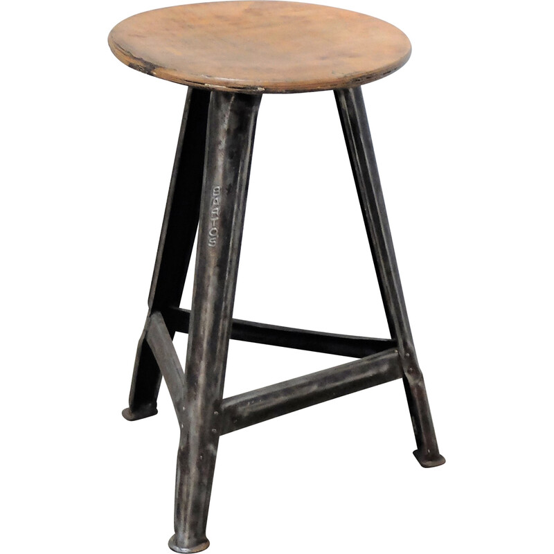 Vintage Bauhaus workshop stool in wood and iron for Bartos, Hungary 1930