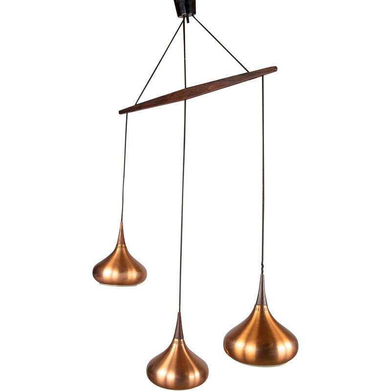 Vintage "Orient" suspension lamp in metal and rosewood with 3 bulbs by Jo Hammerborg for Fog and Mørup, Denmark 1965