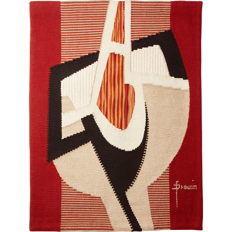 Vintage "Ombre rouge" wool and linen rug by Daniel Drouin, 1970