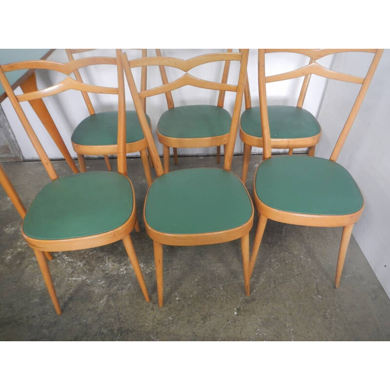 Vintage dining set in beech wood and green imitation leather