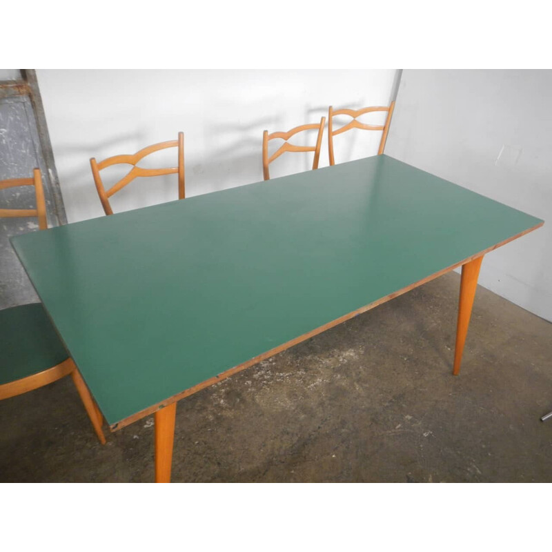 Vintage dining set in beech wood and green imitation leather