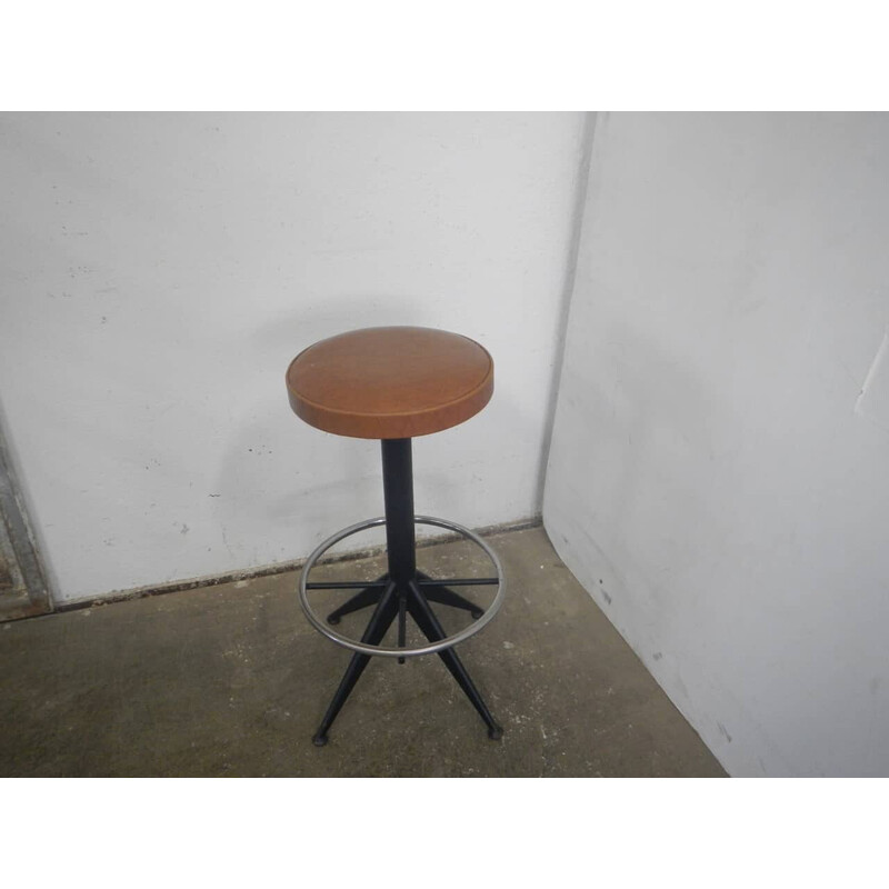 Vintage adjustable stool in black iron and brown faux leather