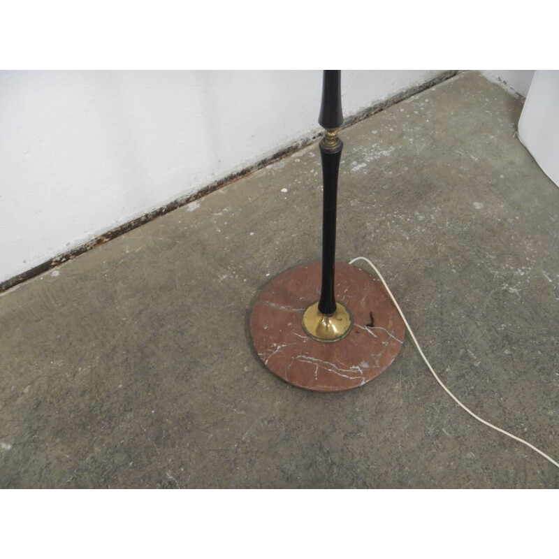 Vintage metal floor lamp with pink marble support and brass-plated black metal stem