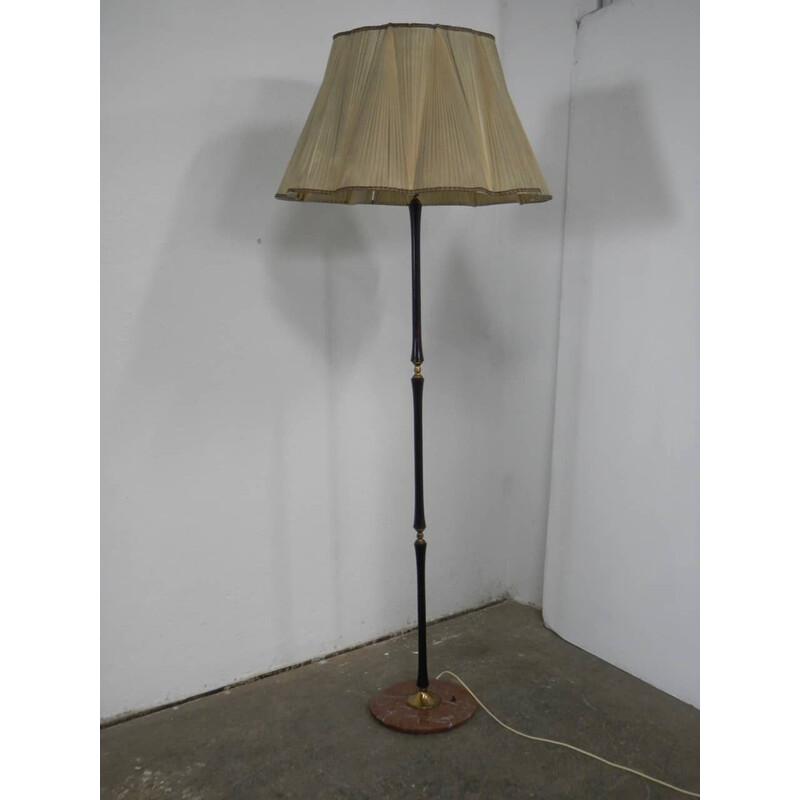 Vintage metal floor lamp with pink marble support and brass-plated black metal stem