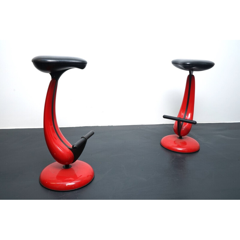 Pair of vintage industrial metal stools with bicycle saddle, Germany 1980