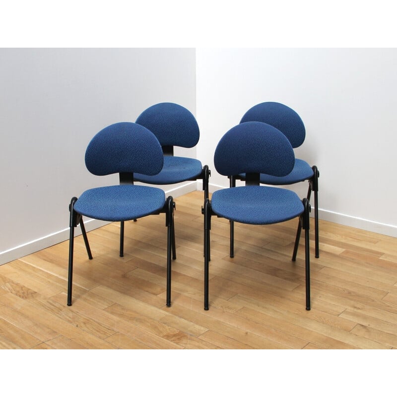 Set di 4 sedie vintage da salotto in metallo tinto nero e tessuto blu