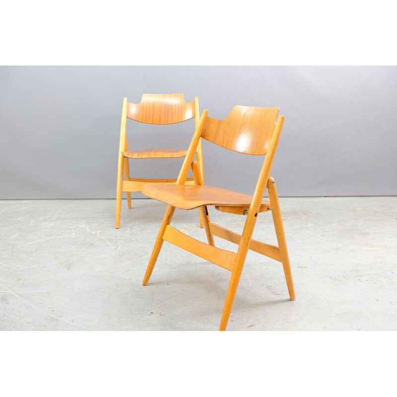 Set of 6 vintage SE18 folding wooden chairs by Egon Eiermann for Wilde and Spieth, Germany