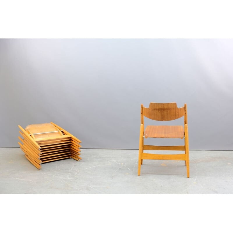 Set of 6 vintage SE18 folding wooden chairs by Egon Eiermann for Wilde and Spieth, Germany