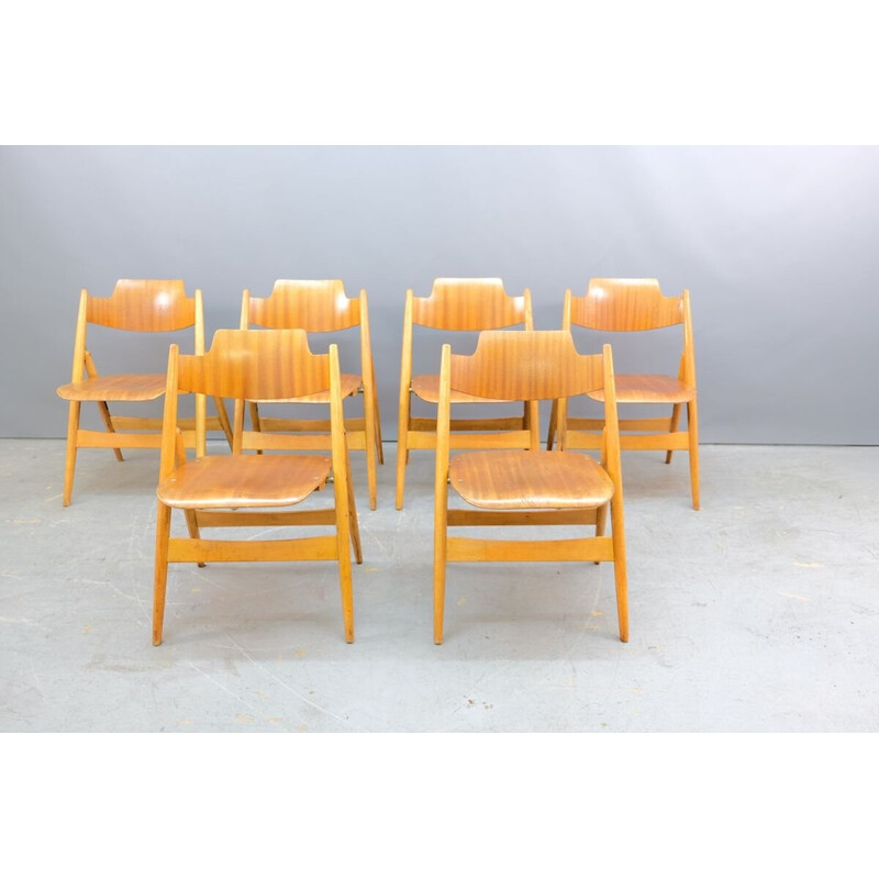 Conjunto de 6 cadeiras de madeira dobráveis SE18 vintage de Egon Eiermann para Wilde e Spieth, Alemanha