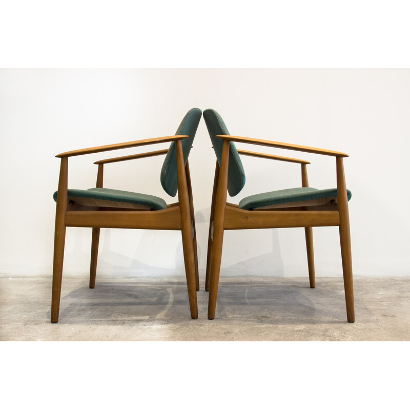 Pair of mid-century wooden armchair wool green colored - 1960s