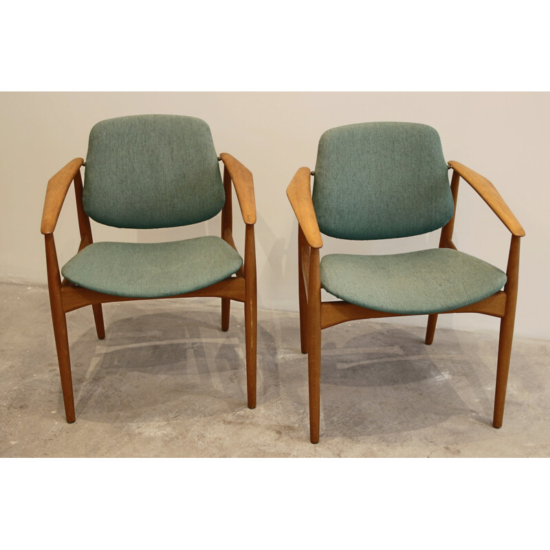 Pair of mid-century wooden armchair wool green colored - 1960s
