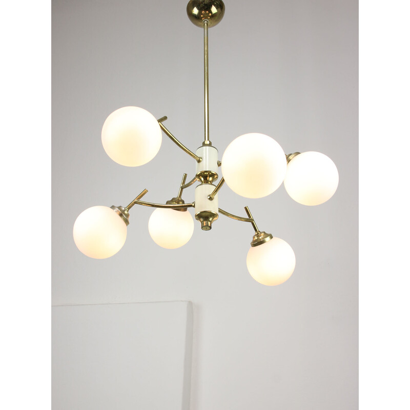 Vintage brass and opaline chandelier, Italy 1950