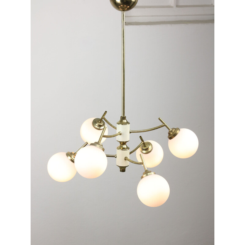 Vintage brass and opaline chandelier, Italy 1950