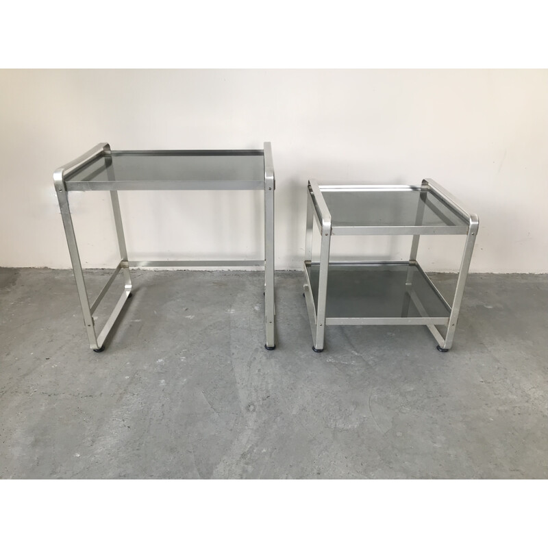 Vintage nesting tables in brushed aluminum and smoked glass, 1970