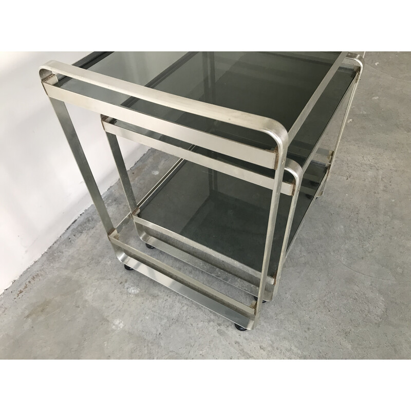 Vintage nesting tables in brushed aluminum and smoked glass, 1970
