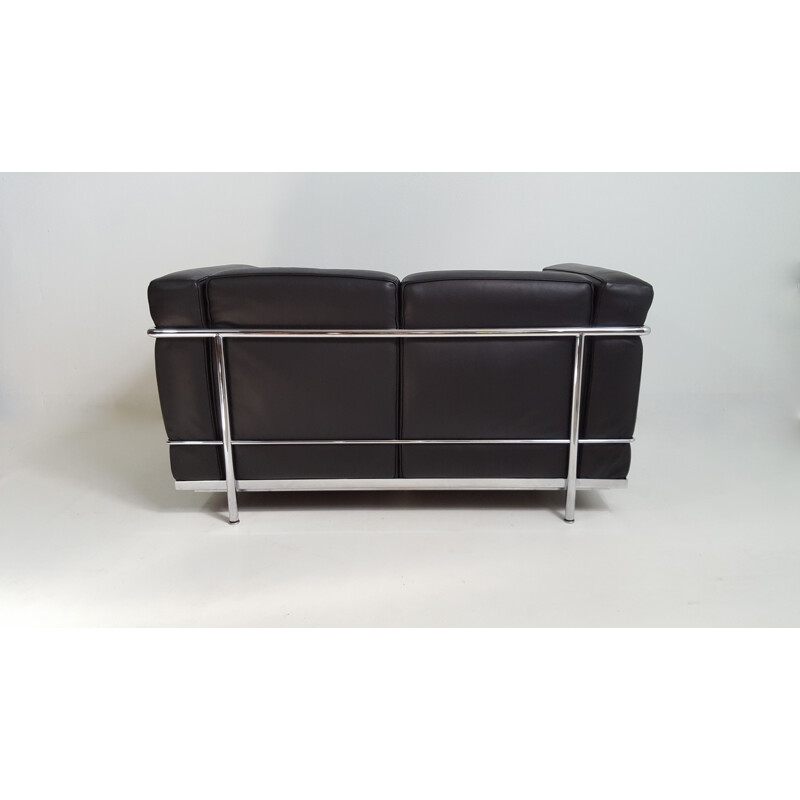 Canapé LC2 en cuir noir par Le Corbusier pour Cassina - 1980