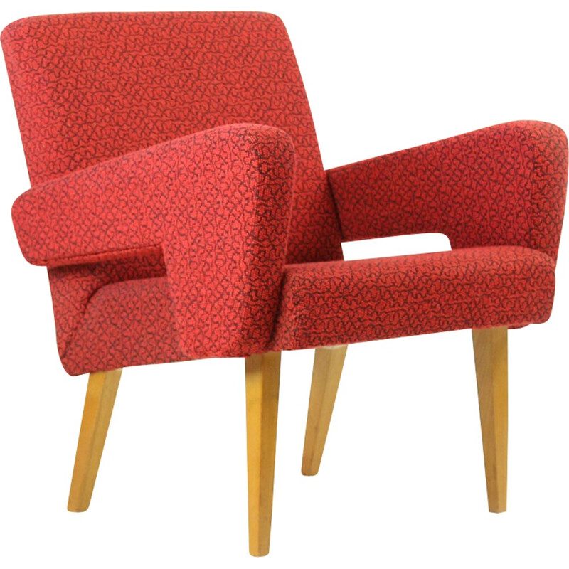Pair of red armchairs in fabric and wood - 1960s