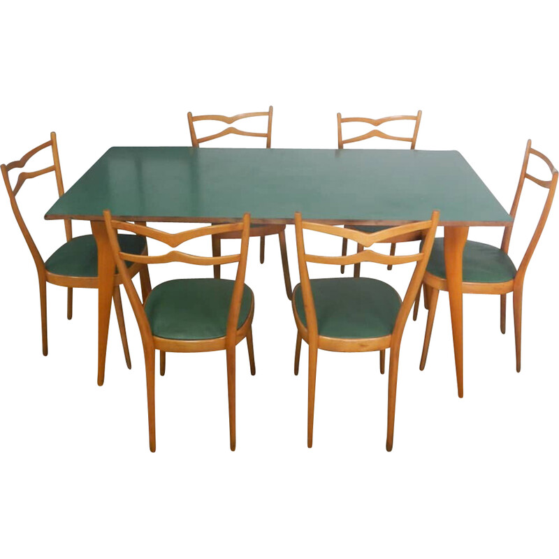 Vintage dining set in beech wood and green imitation leather