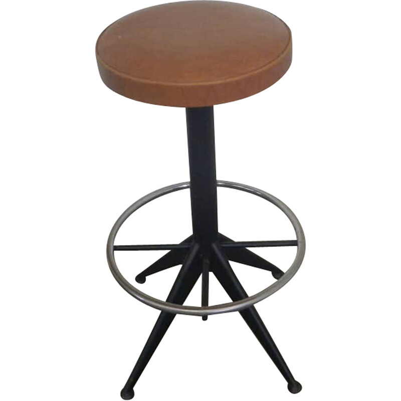 Vintage adjustable stool in black iron and brown faux leather