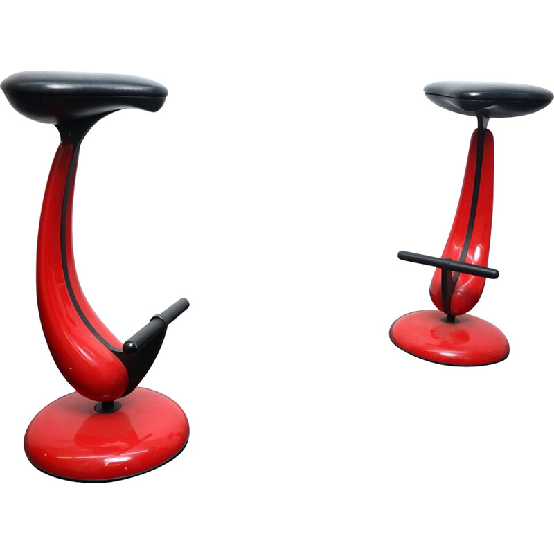 Pair of vintage industrial metal stools with bicycle saddle, Germany 1980