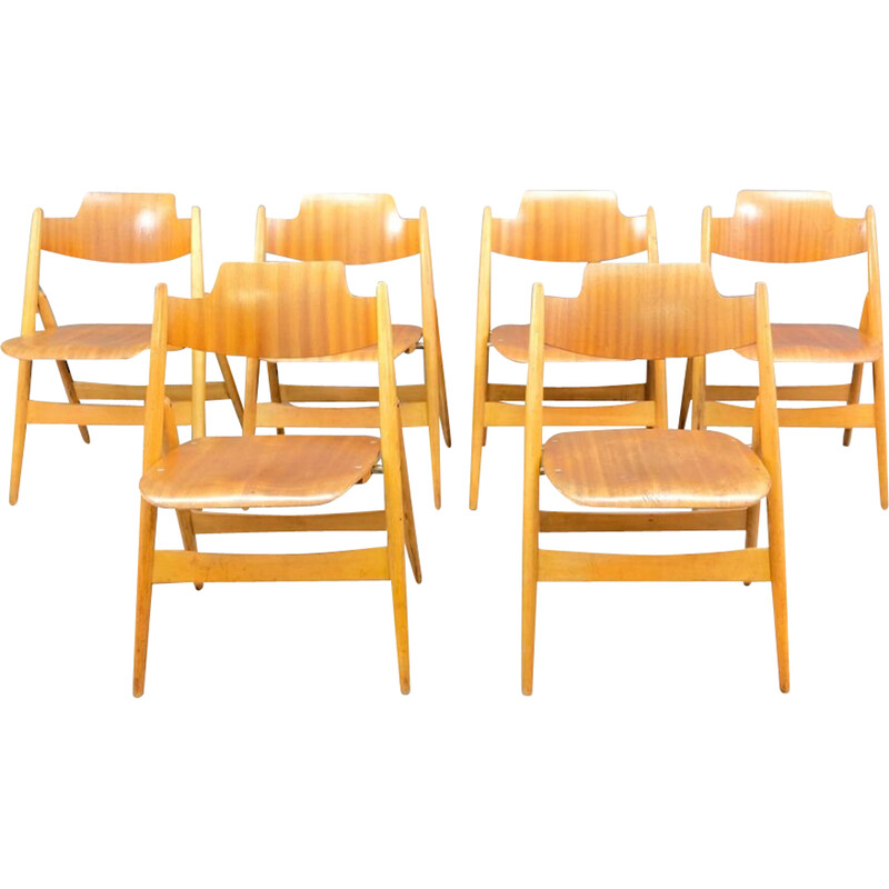 Set of 6 vintage SE18 folding wooden chairs by Egon Eiermann for Wilde and Spieth, Germany